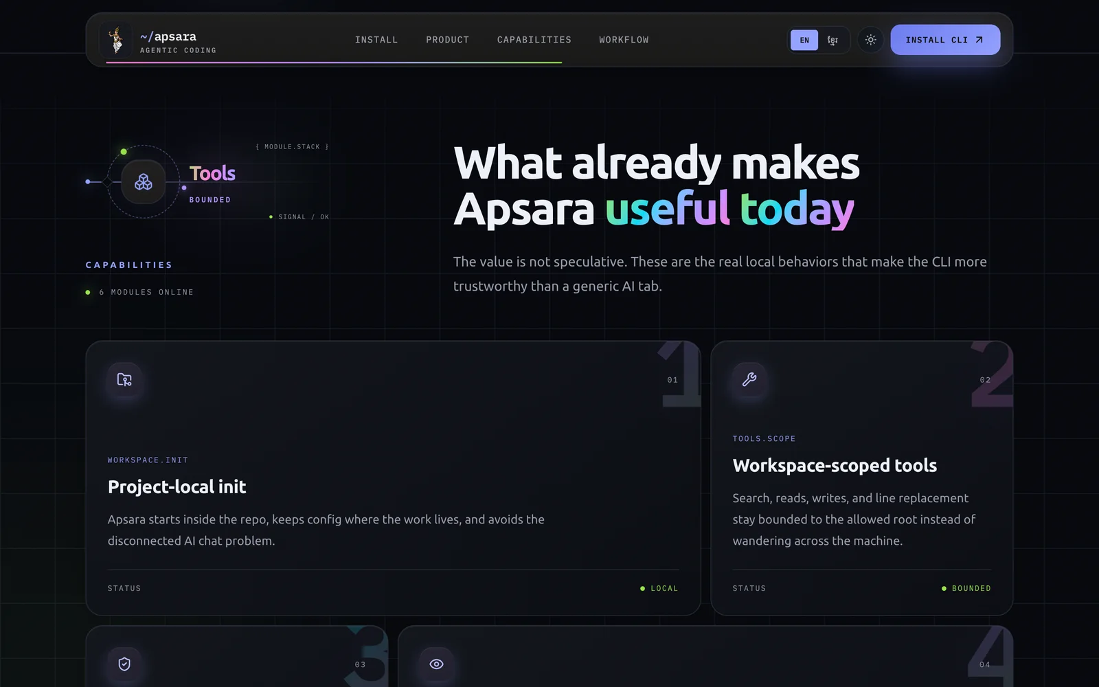 Apsara Agentic's capabilities: project-local init and workspace-scoped tools