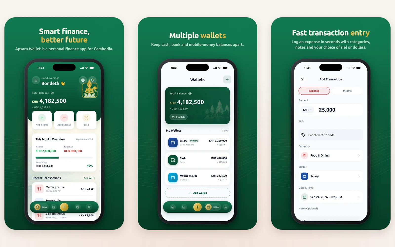 Apsara Wallet's dashboard, wallet list, and add-transaction screens