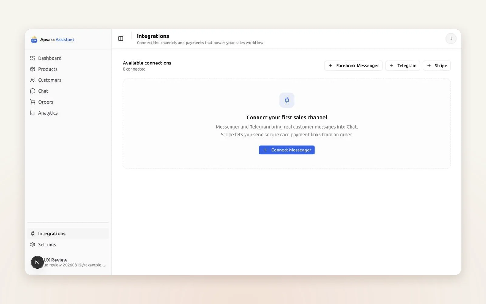 The seller's Integrations screen with Messenger, Telegram, and Stripe connections