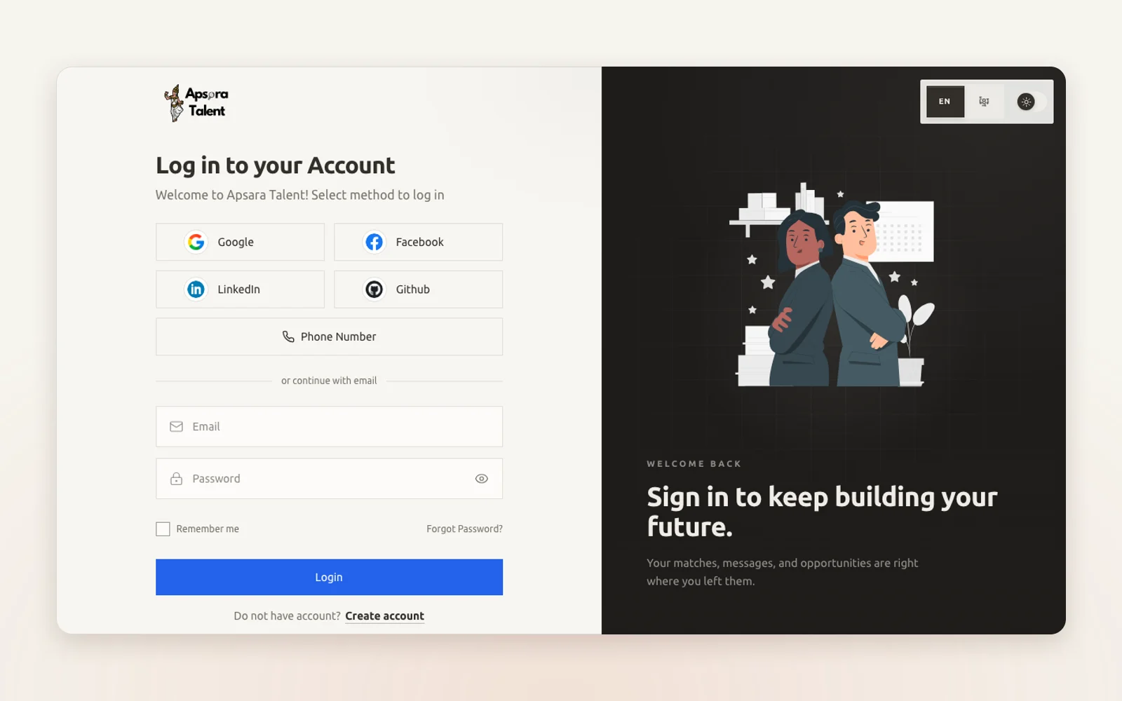 Apsara Talent's sign-in screen with Google, Facebook, LinkedIn, GitHub, and phone login
