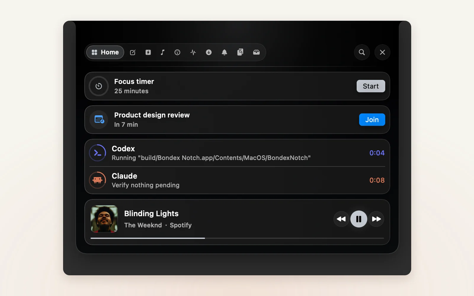 Bondex Notch's Home panel with a focus timer, an upcoming meeting, running coding agents, and music